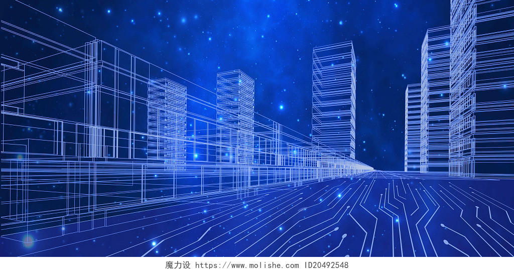 蓝色科技感光晕效果城市建筑透视线条科技城市模型